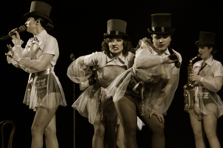 ODESSA, UKRAINE - MARCH 17, 2019: Bright music show FREEDOM JAZZ. Beautiful female jazz band on stage in a bright musical jazz show. Sexy women musicians on stage in an erotic musical performanceのeditorial素材