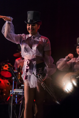 ODESSA, UKRAINE - MARCH 17, 2019: Bright music show FREEDOM JAZZ. Beautiful female jazz band on stage in a bright musical jazz show. Sexy women musicians on stage in an erotic musical performanceのeditorial素材