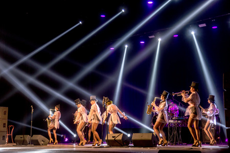 ODESSA, UKRAINE - MARCH 17, 2019: Bright music show FREEDOM JAZZ. Beautiful female jazz band on...