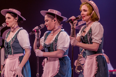 ODESSA, UKRAINE - MARCH 17, 2019: Bright music show FREEDOM JAZZ. Beautiful female jazz band on stage in a bright musical jazz show. Sexy women musicians on stage in an erotic musical performanceのeditorial素材