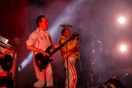 ODESSA, UKRAINE - MARCH 16, 2019: Rock concert Queen tribute show, Bohemian night of the Queen. Rock band copies the performance of the legendary Freddy Merqury group Queen. Rock concert Queenのeditorial素材