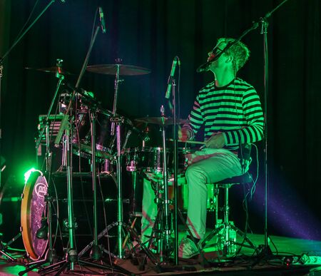 ODESSA, UKRAINE - MARCH 16, 2019: Rock concert Queen tribute show, Bohemian night of the Queen. Rock band copies the performance of the legendary Freddy Merqury group Queen. Rock concert Queenのeditorial素材