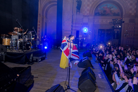 ODESSA, UKRAINE - MARCH 16, 2019: Rock concert Queen tribute show, Bohemian night of the Queen. Rock band copies the performance of the legendary Freddy Merqury group Queen. Rock concert Queenのeditorial素材