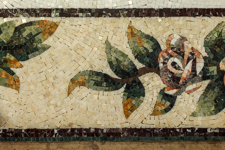 Detail of a beautiful marble mosaic panel. Interior marble mosaic. A piece of marble Venetian mosaic as a decorative background .. Selective focusの写真素材