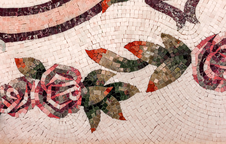 Detail of a beautiful marble mosaic panel. Interior marble mosaic. A piece of marble Venetian mosaic as a decorative background .. Selective focusの写真素材