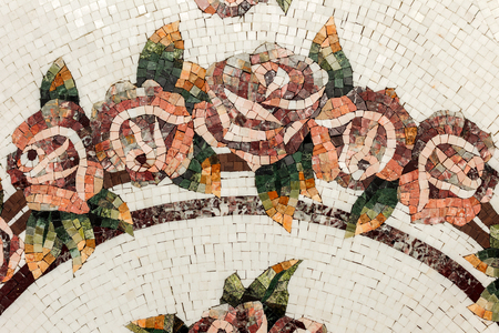Detail of a beautiful marble mosaic panel. Interior marble mosaic. A piece of marble Venetian mosaic as a decorative background .. Selective focusの写真素材