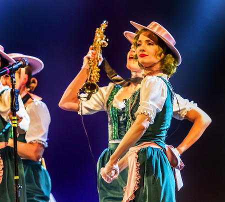 ODESSA, UKRAINE - MARCH 17, 2019: Bright music show FREEDOM JAZZ. Beautiful female jazz band on stage in a bright musical jazz show. Sexy women musicians on stage in an erotic musical performanceのeditorial素材