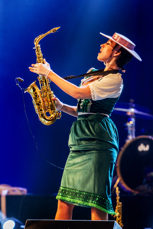 ODESSA, UKRAINE - MARCH 17, 2019: Bright music show FREEDOM JAZZ. Beautiful female jazz band on stage in a bright musical jazz show. Sexy women musicians on stage in an erotic musical performanceのeditorial素材