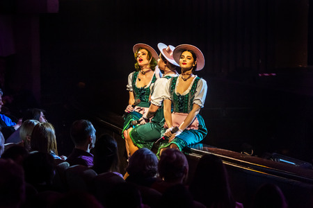 ODESSA, UKRAINE - MARCH 17, 2019: Bright music show FREEDOM JAZZ. Beautiful female jazz band on stage in a bright musical jazz show. Sexy women musicians on stage in an erotic musical performanceのeditorial素材