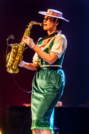 ODESSA, UKRAINE - MARCH 17, 2019: Bright music show FREEDOM JAZZ. Beautiful female jazz band on stage in a bright musical jazz show. Sexy women musicians on stage in an erotic musical performanceのeditorial素材