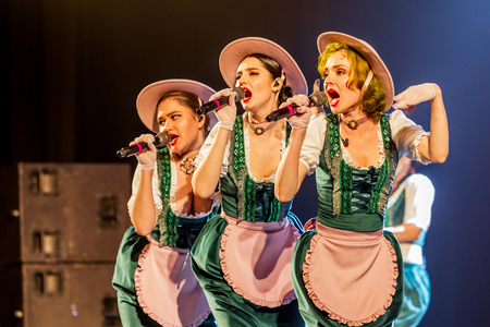 ODESSA, UKRAINE - MARCH 17, 2019: Bright music show FREEDOM JAZZ. Beautiful female jazz band on stage in a bright musical jazz show. Sexy women musicians on stage in an erotic musical performanceのeditorial素材