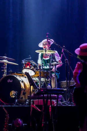 ODESSA, UKRAINE - MARCH 17, 2019: Bright music show FREEDOM JAZZ. Beautiful female jazz band on stage in a bright musical jazz show. Sexy women musicians on stage in an erotic musical performanceのeditorial素材