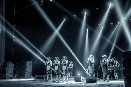 ODESSA, UKRAINE - MARCH 17, 2019: Bright music show FREEDOM JAZZ. Beautiful female jazz band on stage in a bright musical jazz show. Sexy women musicians on stage in an erotic musical performanceのeditorial素材