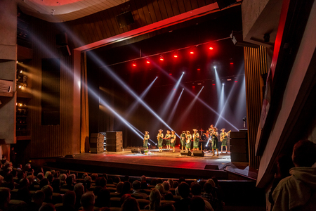 ODESSA, UKRAINE - MARCH 17, 2019: Bright music show FREEDOM JAZZ. Beautiful female jazz band on stage in a bright musical jazz show. Sexy women musicians on stage in an erotic musical performanceのeditorial素材