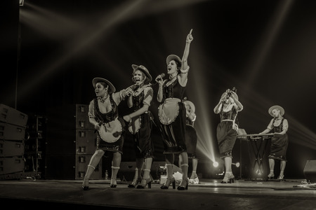 ODESSA, UKRAINE - MARCH 17, 2019: Bright music show FREEDOM JAZZ. Beautiful female jazz band on stage in a bright musical jazz show. Sexy women musicians on stage in an erotic musical performanceのeditorial素材