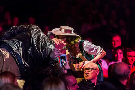 ODESSA, UKRAINE - MARCH 17, 2019: Bright music show FREEDOM JAZZ. Beautiful female jazz band on stage in a bright musical jazz show. Sexy women musicians on stage in an erotic musical performanceのeditorial素材