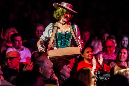 ODESSA, UKRAINE - MARCH 17, 2019: Bright music show FREEDOM JAZZ. Beautiful female jazz band on stage in a bright musical jazz show. Sexy women musicians on stage in an erotic musical performanceのeditorial素材