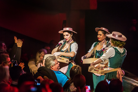 ODESSA, UKRAINE - MARCH 17, 2019: Bright music show FREEDOM JAZZ. Beautiful female jazz band on stage in a bright musical jazz show. Sexy women musicians on stage in an erotic musical performanceのeditorial素材