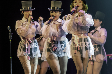 ODESSA, UKRAINE - MARCH 17, 2019: Bright music show FREEDOM JAZZ. Beautiful female jazz band on stage in a bright musical jazz show. Sexy women musicians on stage in an erotic musical performanceのeditorial素材