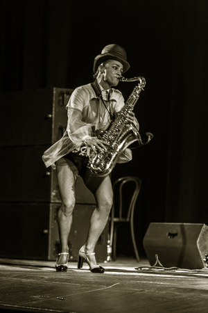 ODESSA, UKRAINE - MARCH 17, 2019: Bright music show FREEDOM JAZZ. Beautiful female jazz band on stage in a bright musical jazz show. Sexy women musicians on stage in an erotic musical performanceのeditorial素材