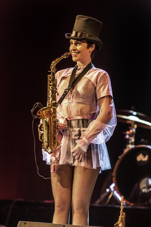 ODESSA, UKRAINE - MARCH 17, 2019: Bright music show FREEDOM JAZZ. Beautiful female jazz band on stage in a bright musical jazz show. Sexy women musicians on stage in an erotic musical performanceのeditorial素材