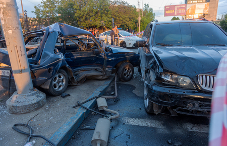 ODESSA, UKRAINE - May 7, 2019: Car accident from accident on road in the city. Car crashed car from traffic accident. Accident on the street, damaged cars after a collision in city. Selective focusのeditorial素材