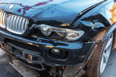 ODESSA, UKRAINE - May 7, 2019: Car accident from accident on road in the city. Car crashed car from traffic accident. Accident on the street, damaged cars after a collision in city. Selective focusのeditorial素材