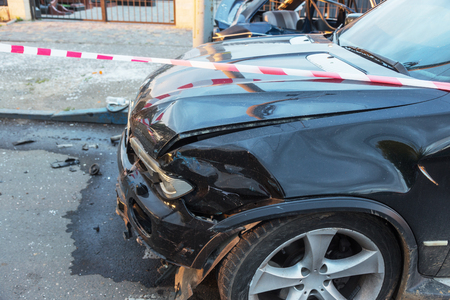 Car accident from a accident on the road in the city. Car crashed car from traffic accident. Accident on the street, damaged cars after a collision in the cityのeditorial素材