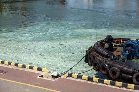 ODESSA, UKRAINE â16 June 2019: dirty wave with old dirty algae. Dirty seaweed sea surf lines in seaport. Dirty sea, Ecological problem of environmental pollution. Toxic decaying algae. catastrophyのeditorial素材