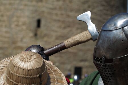 ODESSA, UKRAINE - JULY 20, 2019: Battle of the Knights with medieval weapons at the medieval...
