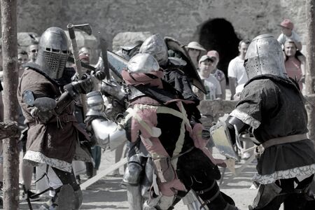 ODESSA, UKRAINE - JULY 20, 2019: Battle of the Knights with medieval weapons at the medieval...