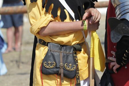 ODESSA, UKRAINE - JULY 20, 2019: Battle of the Knights with medieval weapons at the medieval performance. Knights fight on the field during the battle tournament of the festival of medieval cultureのeditorial素材