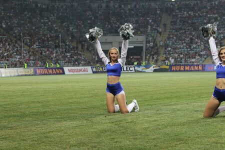 ODESSA, UKRAINE - July28, 2019: Performance of beautiful young girls cheerleader team during opening...