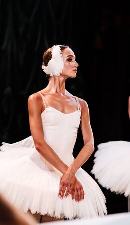 ODESSA, UKRAINE -JULY22, 2019: ballet. Classical ballet on stage of Odessa Opera Theater. Ballet dancers on stage dance classical works of Swan Lake. Form of artistic ball dance on stage of theaterのeditorial素材