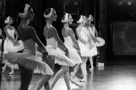 ODESSA, UKRAINE -JULY22, 2019: ballet. Classical ballet on stage of Odessa Opera Theater. Ballet dancers on stage dance classical works of Swan Lake. Form of artistic ball dance on stage of theaterのeditorial素材