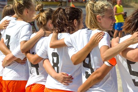 Odessa, Ukraine-July 21, 2019: Beach Soccer Championship among amateur women on beach. Soccer in sand. Young beautiful girls playing beach football on sand of city beach. Football on sandのeditorial素材
