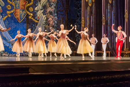 ODESSA, UKRAINE -JULY22, 2019: ballet. Classical ballet on stage of Odessa Opera Theater. Ballet dancers on stage dance classical works of Swan Lake. Form of artistic ball dance on stage of theaterのeditorial素材