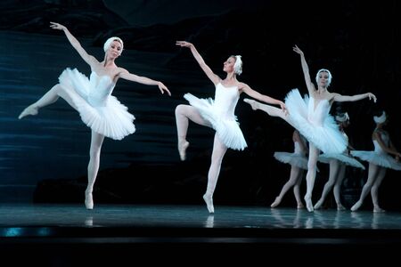 ODESSA, UKRAINE -JULY22, 2019: ballet. Classical ballet on stage of Odessa Opera Theater. Ballet dancers on stage dance classical works of Swan Lake. Form of artistic ball dance on stage of theaterのeditorial素材