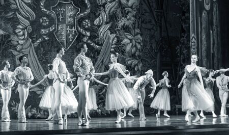 ODESSA, UKRAINE -JULY22, 2019: ballet. Classical ballet on stage of Odessa Opera Theater. Ballet dancers on stage dance classical works of Swan Lake. Form of artistic ball dance on stage of theaterのeditorial素材
