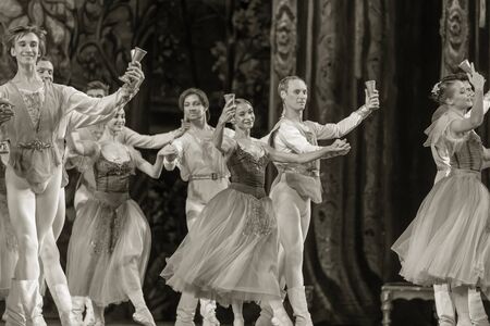 ODESSA, UKRAINE -JULY22, 2019: ballet. Classical ballet on stage of Odessa Opera Theater. Ballet dancers on stage dance classical works of Swan Lake. Form of artistic ball dance on stage of theaterのeditorial素材