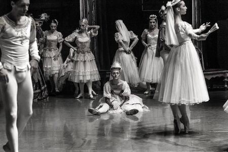 ODESSA, UKRAINE -July 22, 2019: Ballet. Ballet dancers, Classical Ballerinas backstage of the stage are preparing for the performance. Ballet dancers classical works of Swan Lakeのeditorial素材
