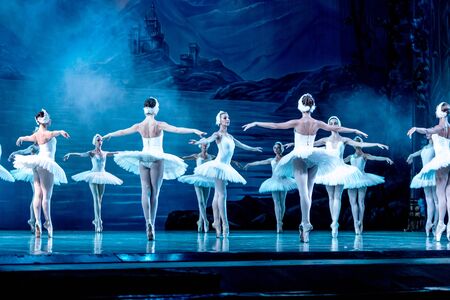 ODESSA, UKRAINE -JULY22, 2019: ballet. Classical ballet on stage of Odessa Opera Theater. Ballet dancers on stage dance classical works of Swan Lake. Form of artistic ball dance on stage of theaterのeditorial素材