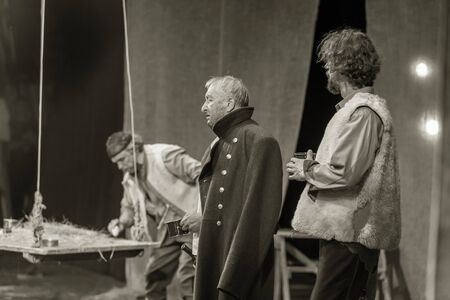ODESSA, UKRAINE - August 27, 2019 A fragment of a theatrical production of the historical drama "Corsican" about the fate of Napoleon Bonaparte on St. Helena performed by the Kiev theater troupeのeditorial素材
