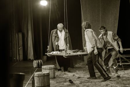 ODESSA, UKRAINE - August 27, 2019 A fragment of a theatrical production of the historical drama "Corsican" about the fate of Napoleon Bonaparte on St. Helena performed by the Kiev theater troupeのeditorial素材