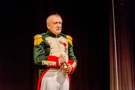 ODESSA, UKRAINE - August 27, 2019 A fragment of a theatrical production of the historical drama "Corsican" about the fate of Napoleon Bonaparte on St. Helena performed by the Kiev theater troupeのeditorial素材