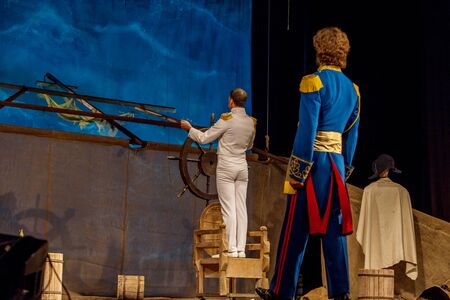 ODESSA, UKRAINE - August 27, 2019 A fragment of a theatrical production of the historical drama "Corsican" about the fate of Napoleon Bonaparte on St. Helena performed by the Kiev theater troupeのeditorial素材