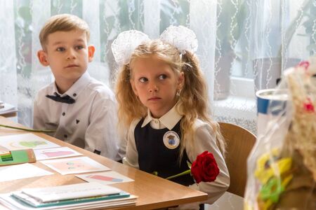 ODESSA UKRAINE - September 1, 2019: First call. 1 September is Day of Knowledge. Solemn school line,...