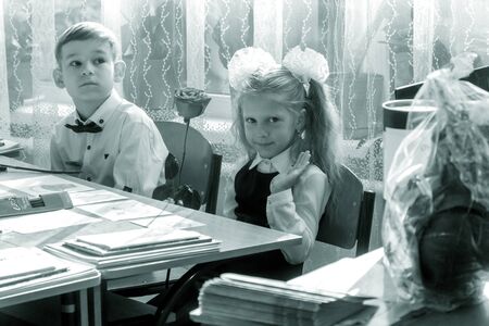 ODESSA UKRAINE - September 1, 2019: First call. 1 September is Day of Knowledge. Solemn school line, first grade, back to school. School holiday Knowledge Day. Little schoolchildren, first gradersのeditorial素材