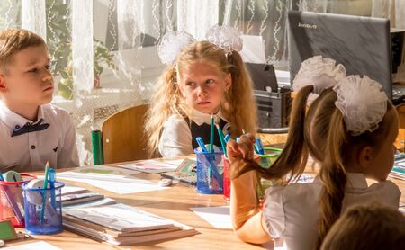 ODESSA UKRAINE - September 1, 2019: First call. 1 September is Day of Knowledge. Solemn school line, first grade, back to school. School holiday Knowledge Day. Little schoolchildren, first gradersのeditorial素材