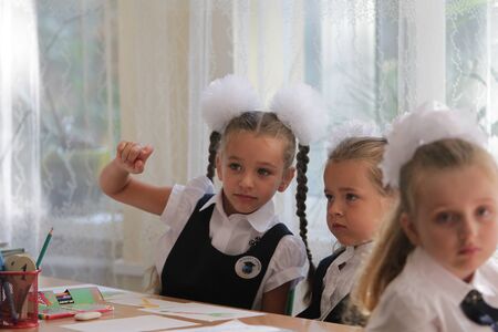 ODESSA UKRAINE - September 1, 2019: First call. 1 September is Day of Knowledge. Solemn school line,...